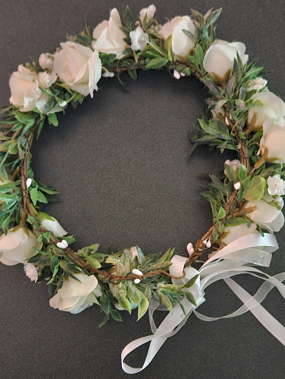 Whimsical White Floral Crown Headpiece with Green Leaves